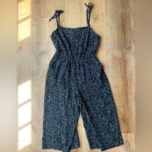 GAP Black Floral Jumpsuit Size L | Tie Strap Wide Leg Casual One Piece